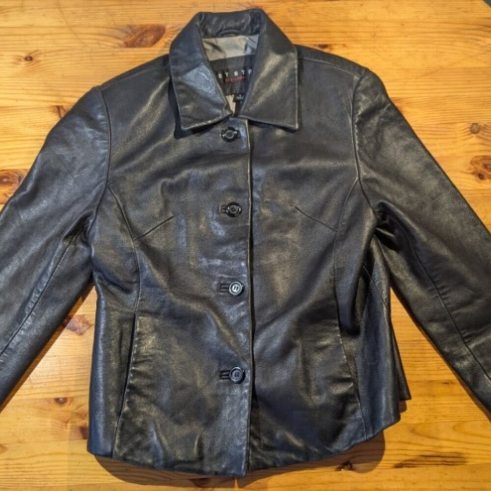 Fleet Street Red Label Black Leather Jacket Small Blazer Button Front 90s Minima - Picture 3 of 13